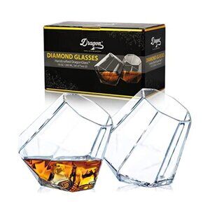 Dragon Glassware Whiskey Diamond Glasses Handcrafted 10 OZ/300 ML Set Of 2 New